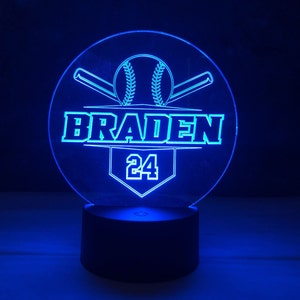 May include: A blue LED night light with a baseball, bats, and the name "BRADEN" with the number "24" on a baseball diamond.