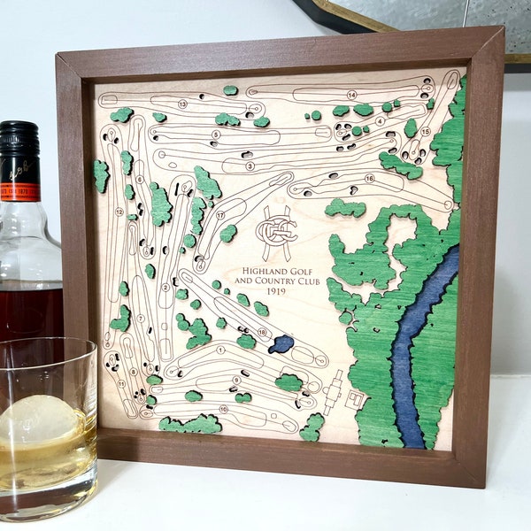 Highland Golf & Country Club Golf Course Map Layered Wood Golf Course Picture Custom Engraved Golf Map Gift Golf Course Map Print Golf Gift