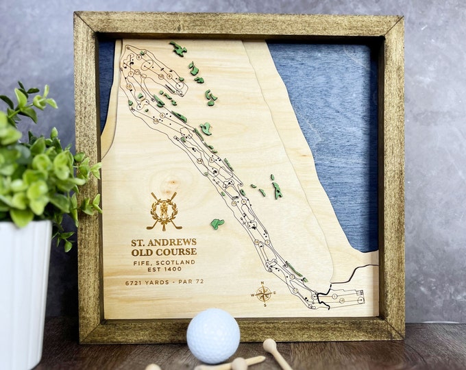 St Andrews Old Course Golf Course Map Layered Wood Golf Course Picture Custom Engraved Golf Map Gift Golf Course Map Print Golf Gift Custom