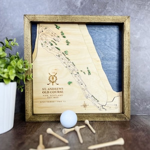 St Andrews Old Course Golf Course Mapa en capas de madera del campo de golf Imagen personalizada grabada Mapa de golf Regalo Campo de golf Mapa Imprimir Regalo de golf personalizado