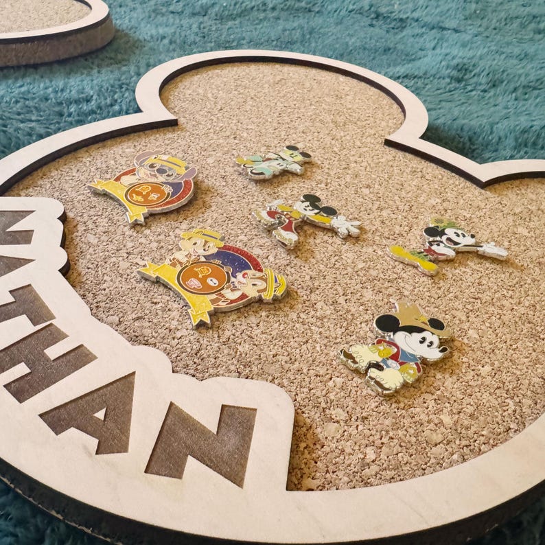 Mickey Mouse Trading Pin Board Custom Collection Display Premium Wood Construction Cork Material Insert Personalized Name Option Wall Mount Design Multiple Sizes Available Beautiful Display Solution Disney Fan Gift Handcrafted Quality