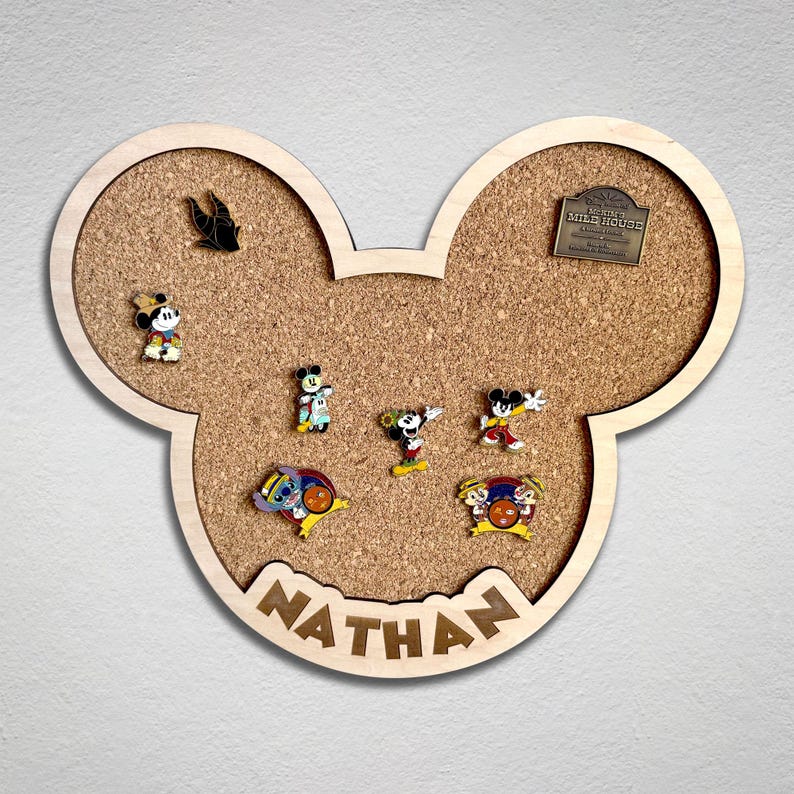 Disney Trading Pin Display Mickey Mouse Design Custom Collection Board Premium Wood Construction Cork Material Insert Personalized Name Feature Wall Mountable Design Multiple Size Options Available Beautiful Handcrafted Display Solution