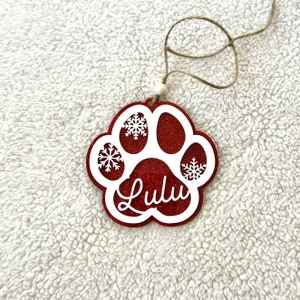 Personalized Paw Print Ornament Red Glitter Pet Stocking Tag Holiday Ornament Paw Custom Stocking Personalized Pet Ornament Pet Lover Gift