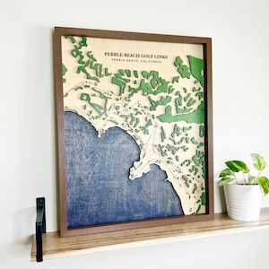 Pebble Beach golfbaan kaart gelaagd hout golfbaan foto gegraveerd golf kaart cadeau aangepaste golfbaan kunst golf geschenk spelers Home cursus