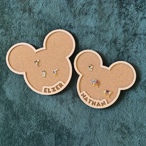 Custom Disney Pin Board Mickey Mouse Shape Design Collection Display Stand Premium Wood Frame Construction Cork Insert Material Trading Pin Storage Solution Personalized Name Feature Wall Mount Option Multiple Sizes Beautiful Display Piece