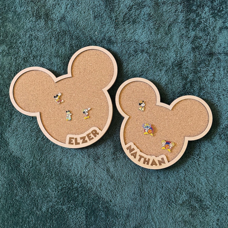 Custom Disney Pin Board Mickey Mouse Shape Design Collection Display Stand Premium Wood Frame Construction Cork Insert Material Trading Pin Storage Solution Personalized Name Feature Wall Mount Option Multiple Sizes Beautiful Display Piece