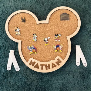 Mickey Mouse Trading Pin Board Custom Collection Display Premium Wood Construction Cork Material Insert Personalized Name Option Wall Mount Design Multiple Sizes Available Beautiful Display Solution Disney Fan Gift Handcrafted Quality