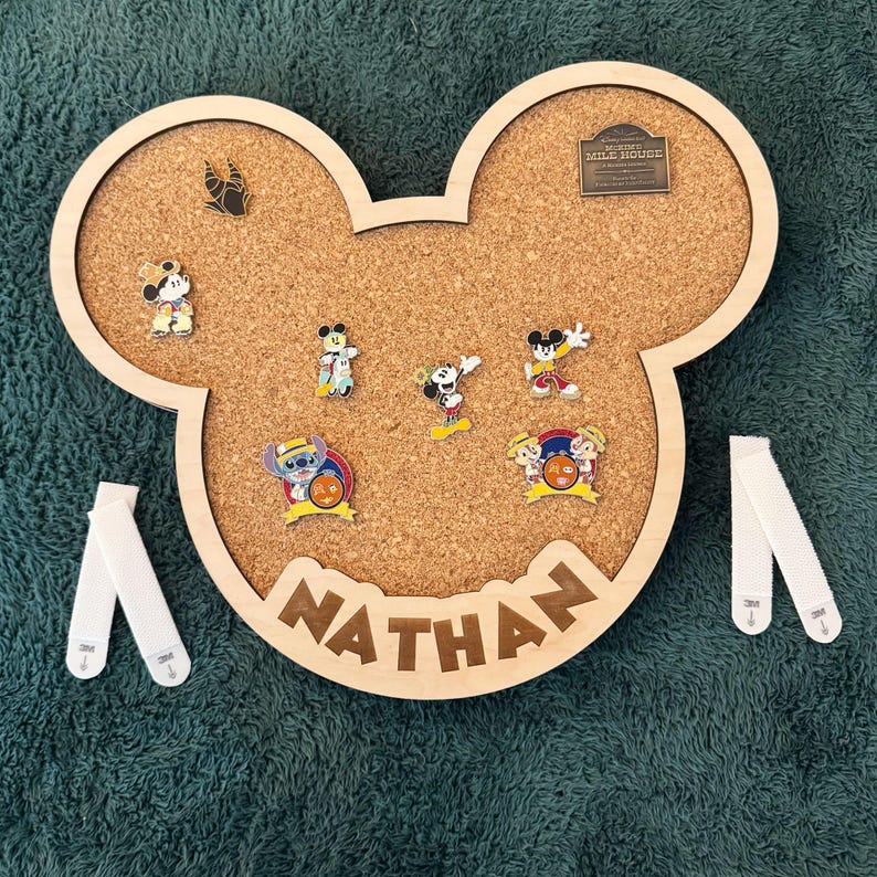 Mickey Mouse Trading Pin Board Custom Collection Display Premium Wood Construction Cork Material Insert Personalized Name Option Wall Mount Design Multiple Sizes Available Beautiful Display Solution Disney Fan Gift Handcrafted Quality