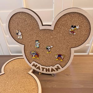 Mickey Mouse Pin Display Board Custom Collection Storage Wall Mount Design Wood Frame Construction Cork Material Insert Trading Pin Organization System Personalized Name Option Disney Fan Gift Premium Quality Build Multiple Size Options
