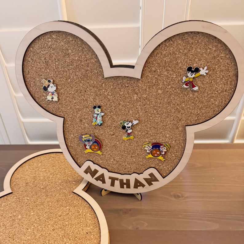 Mickey Mouse Pin Display Board Custom Collection Storage Wall Mount Design Wood Frame Construction Cork Material Insert Trading Pin Organization System Personalized Name Option Disney Fan Gift Premium Quality Build Multiple Size Options