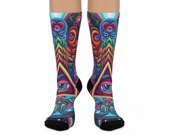 Mens Crew Socks Psychedelic trippy old mans face Dress Warm Colorful