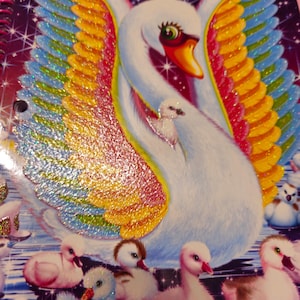 Lisa Frank STANDARD Spiral Notebook Swan Duck GLITTER Rainbow Vintage 80 pages
