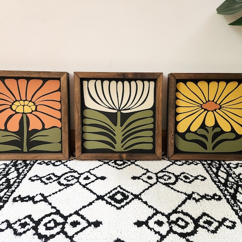 Panneau en bois floral groovy / Ensemble de panneaux de fleurs rétro / Art mural / Décoration des années 70 / Fleurs vintage / Art rétro tendance