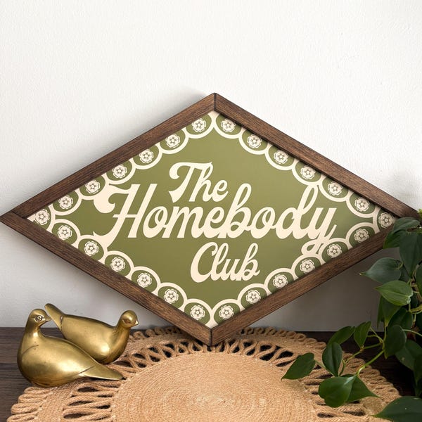 The Homebody Club Wood Sign / Typography Wall Art / Trendy Retro Decor / Cozy Living Room Wall Hanging / Gift for Introvert / Diamond Sign