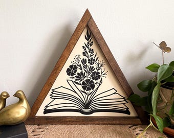 Floral Book Triangle Wood Sign / Bookish Wall Art / Library Wall Decor / Reading Room Art / Boho Bookworm Gift