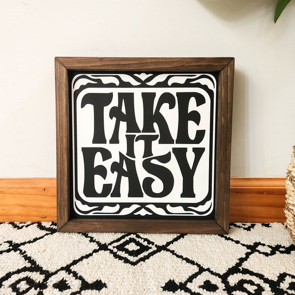 Take It Easy Wood Sign / Retro Decor / Typography Wall Art / Boho Art / Minimalistic Sign / 70s Decor / Trendy Retro Art