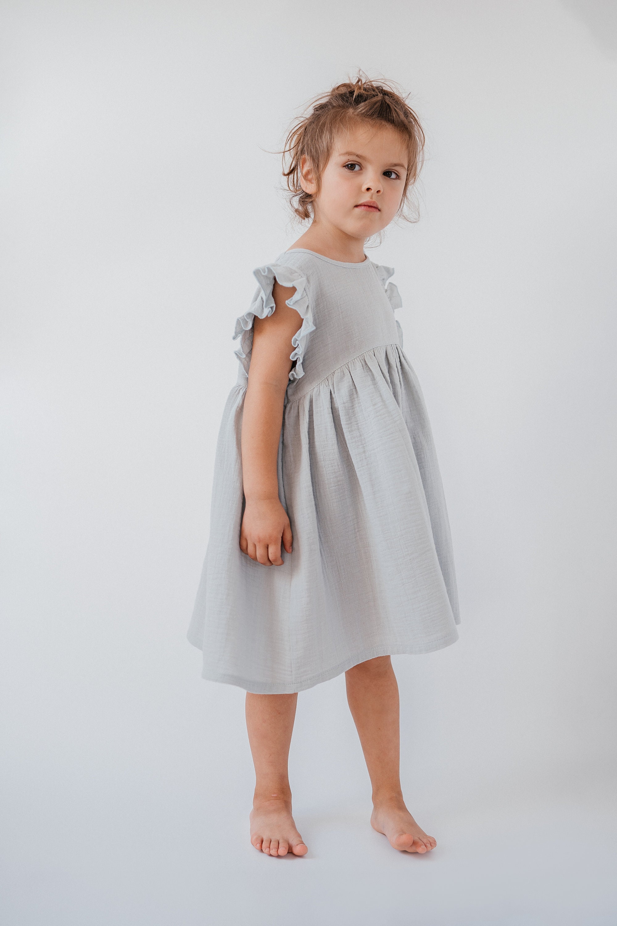 Grey children's summer dress double layered muslin with | Etsy