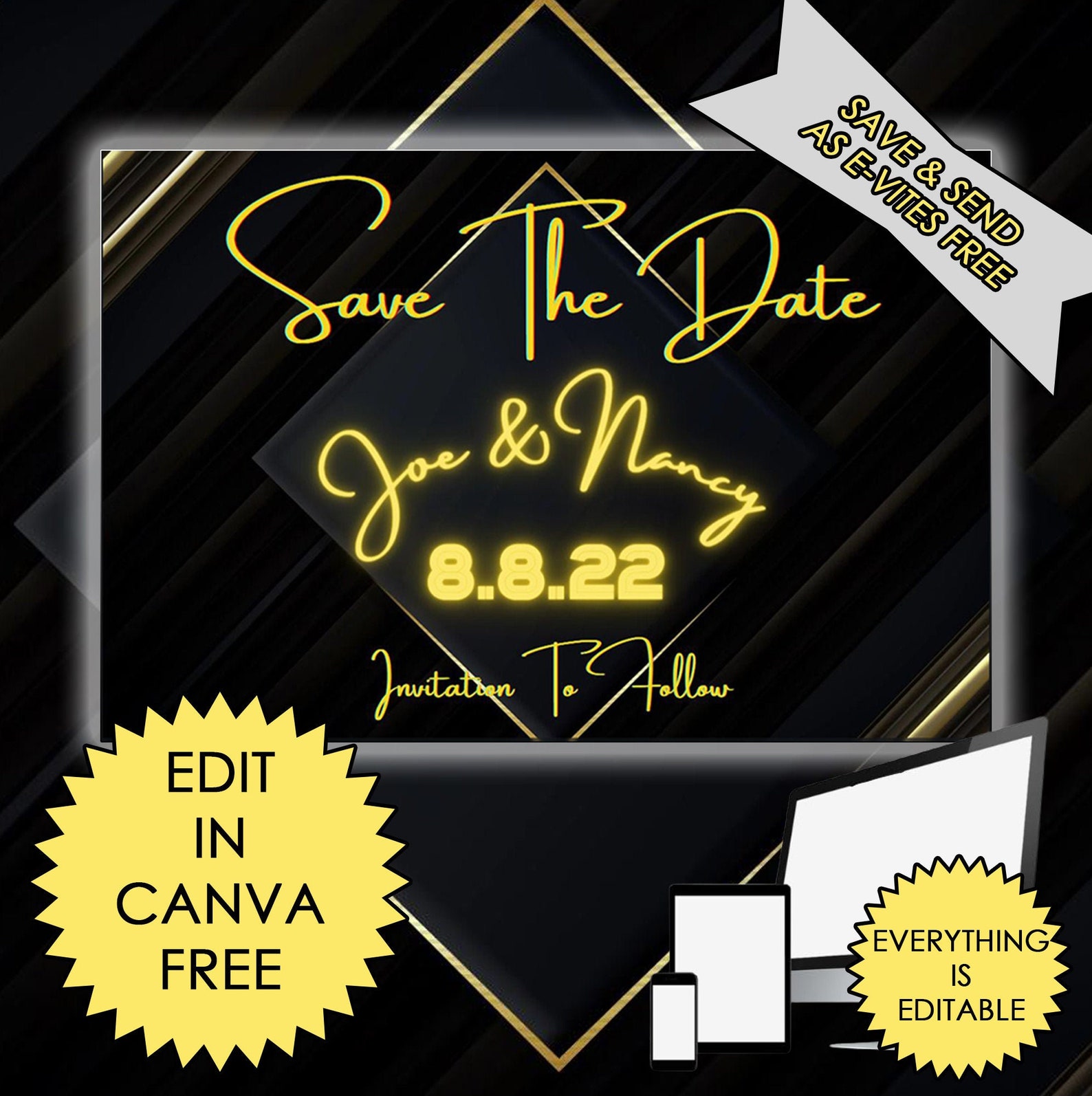 Save The Date Gold Canva Template Instant Download Easy Etsy