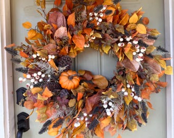 Fall Harvest Wreath: Pumpkins, Pinecones & Berries - Autumn Door Decor