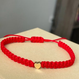 Adjustable Red Cord Bracelet: 18k Heart Charm, Lucky Boho Jewelry