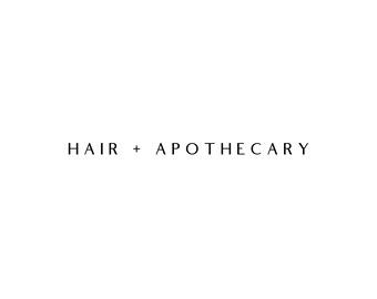 May include: Black and white text logo that reads "HAIR + APOTHECARY".