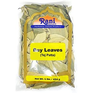 May include: A clear plastic bag filled with dried bay leaves. The bag has a yellow label with the text "Rani Brand Authentic Indian Products Bay Leaves (Tej Patta) Net Wt. 1 lbs / 454 g".