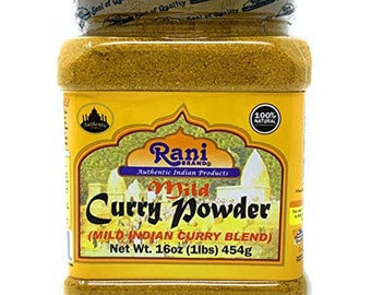 May include: A yellow plastic jar of Rani Brand Mild Curry Powder. The jar is labeled with the text "Authentic Indian Products" and "Mild Curry Powder (Mild Indian Curry Blend)". The jar contains 16 ounces (1 pound) of curry powder.