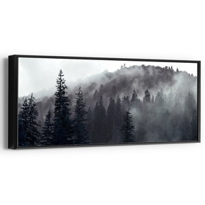 Misty Morning Landscape Wall Art Black White Mountain Trees Forest Photography Print Monochrome Relaxing Decoration Above Bed Art