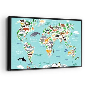 Animal World Map Print on Canvas Enmarcado Zoo Continentes Océanos Desarrollo Educativo Diversión Atlas Baby Nursery Room Design Teacher Gift