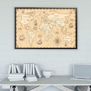 Vintage World Map With Compass Print on Canvas Rustic Brown Continents ...