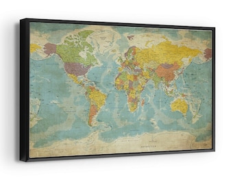 Classic World Map Poster on Canvas Traditional Vintage Political Global Map Countries Continents Educational Wall Art Hanging Framed Canvas