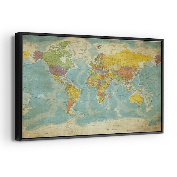 Classic World Map Poster on Canvas Traditional Vintage Political Global Map Countries Continents Educational Wall Art Hanging Framed Canvas