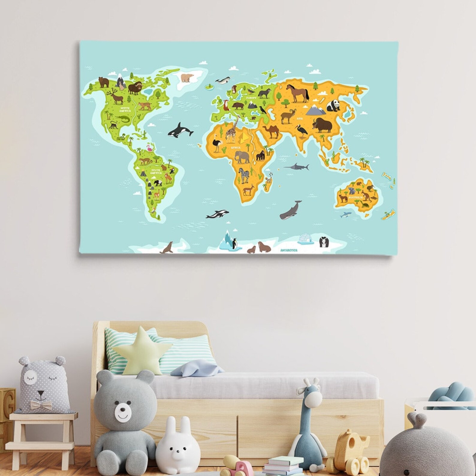 Illustrated Animal World Map for Kids Landmarks Continents | Etsy