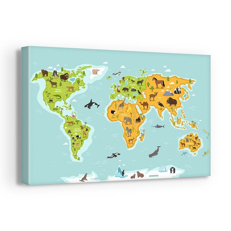 Illustrated Animal World Map for Kids Landmarks Continents Etsy