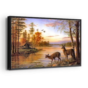El río y la pared de los ciervos arte clásico vintage cartel idílico paisaje renos vida silvestre artística animal pared arte bambi vivero decoración