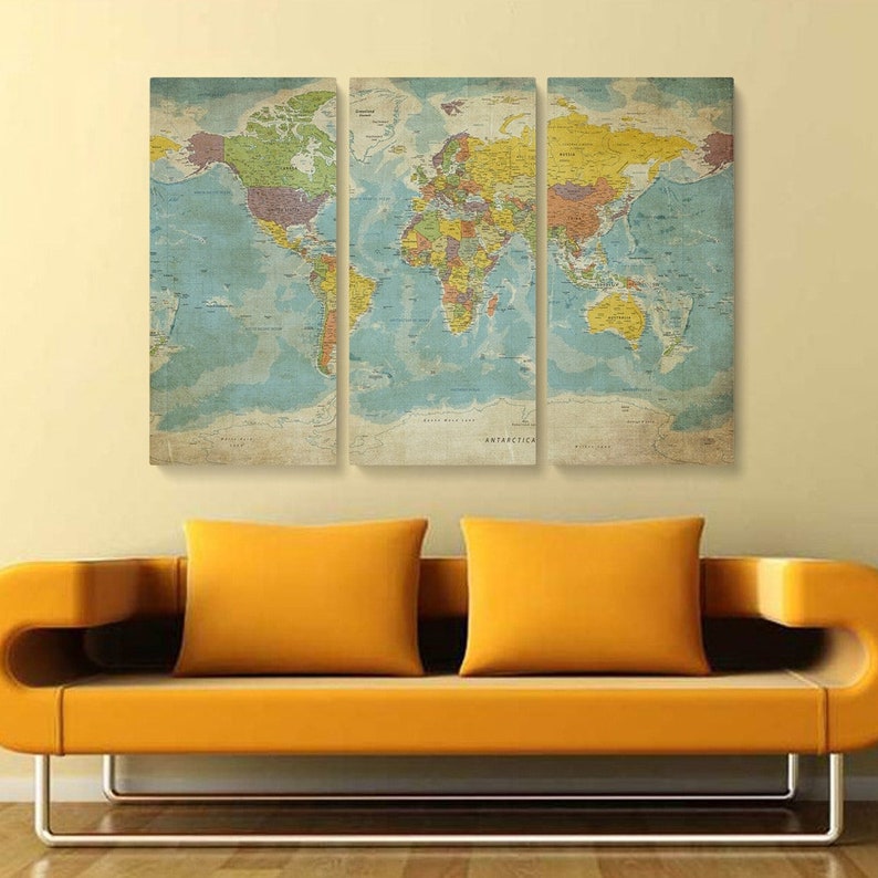 Classic World Map Poster on Canvas Traditional Vintage Etsy