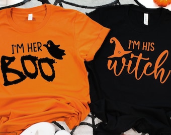 Halloween Couple Shirts: "Boo" & "Witch" Matching Tees