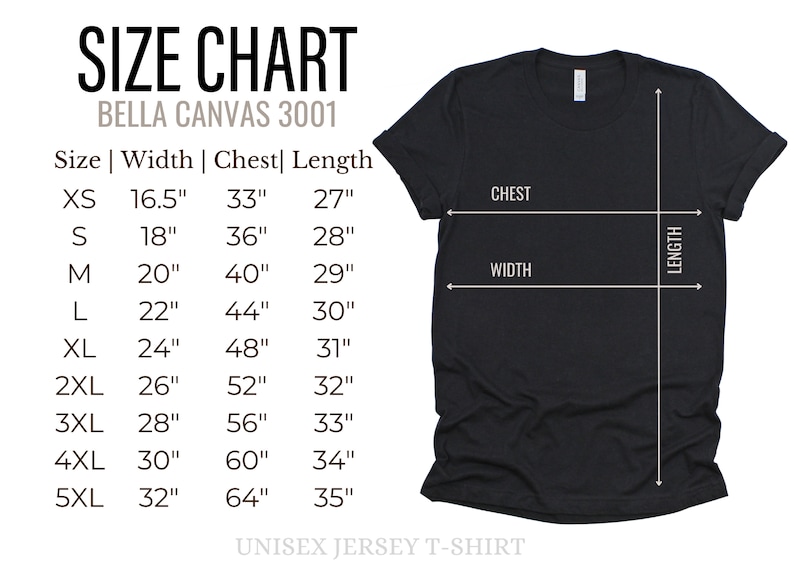 May include: Black unisex jersey t-shirt with a size chart. The chart lists sizes XS to 5XL, with measurements for width, chest, and length in inches. The text "SIZE CHART" and "BELLA CANVAS 3001" are at the top.