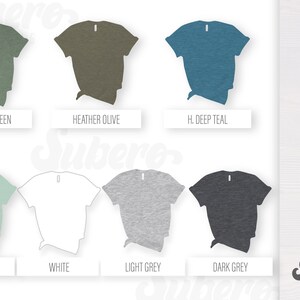 K&ouml;nnte beinhalten: T-Shirt-Farbkarte mit zehn verschiedenen Farben: Milit&auml;rgr&uuml;n, Heather Olive, Dunkelblau, Minze, Wei&szlig;, Hellgrau, Dunkelgrau, Schwarz, Marineblau und Rot. Die Karte ist mit "T-Shirt-Farbkarte" und "Subero Designs" beschriftet.