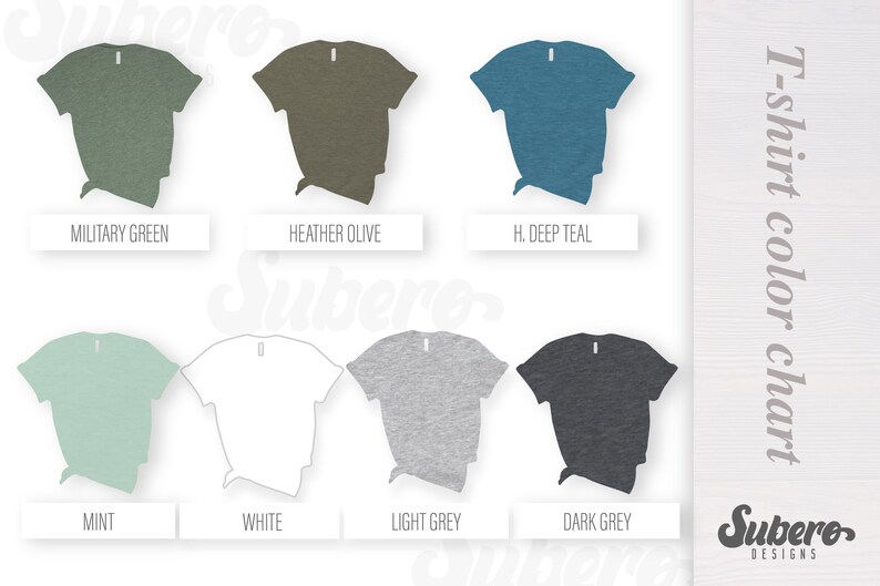 K&ouml;nnte beinhalten: T-Shirt-Farbkarte mit zehn verschiedenen Farben: Milit&auml;rgr&uuml;n, Heather Olive, Dunkelblau, Minze, Wei&szlig;, Hellgrau, Dunkelgrau, Schwarz, Marineblau und Rot. Die Karte ist mit "T-Shirt-Farbkarte" und "Subero Designs" beschriftet.