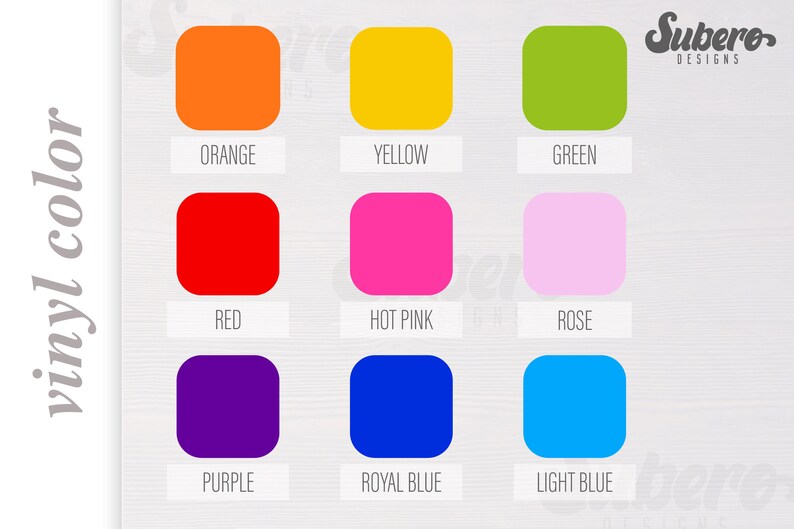 K&ouml;nnte beinhalten: Eine Tabelle mit neun verschiedenen Vinylfarben: Orange, Gelb, Gr&uuml;n, Rot, Pink, Rosa, Lila, K&ouml;nigsblau und Hellblau.