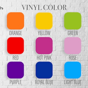 May include: A color chart displaying vinyl colors, including orange, yellow, green, red, hot pink, rose, purple, royal blue, and light blue. The text "VINYL COLOR" is at the top, with the "Subero Designs" logo in the upper left corner.