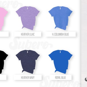 K&ouml;nnte beinhalten: T-Shirt-Farbkarte mit sechs verschiedenen Farben: Rose, Lila meliert, H. Columbia Blau, Schwarz, Marineblau meliert und Royalblau.