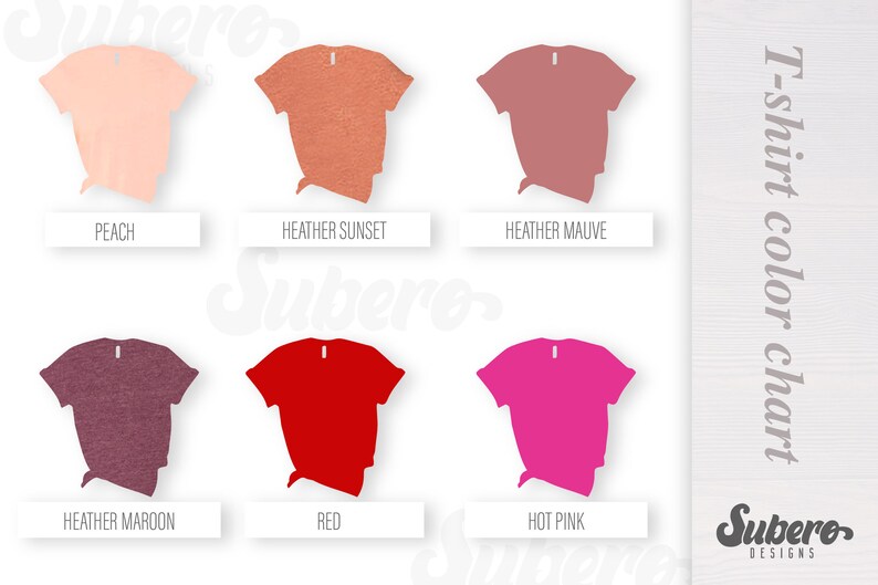 K&ouml;nnte beinhalten: T-Shirt-Farbkarte mit sechs verschiedenen Farben: Pfirsich, Heidelbeer-Sonnenuntergang, Heidelbeer-Lila, Heidelbeer-Rotbraun, Rot und Pink. Die Karte ist mit "T-Shirt-Farbkarte" und "Subero Designs" beschriftet.