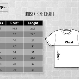 May include: Unisex size chart for t-shirts with measurements in inches for chest and length. Sizes range from XS to 4XL.
