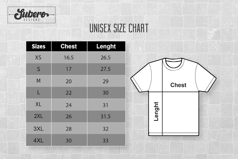 May include: Unisex size chart for t-shirts with measurements in inches for chest and length. Sizes range from XS to 4XL.