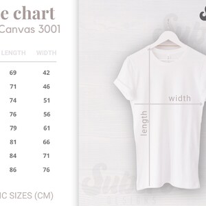 K&ouml;nnte beinhalten: Gr&ouml;&szlig;entabelle f&uuml;r Bella Canvas 3001 T-Shirts, mit Ma&szlig;en in Zentimetern f&uuml;r die Gr&ouml;&szlig;en XS bis 4XL. Die Tabelle zeigt die L&auml;ngen- und Breitenma&szlig;e f&uuml;r jede Gr&ouml;&szlig;e.