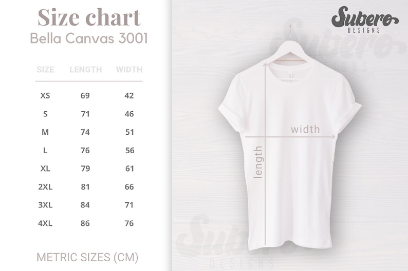 K&ouml;nnte beinhalten: Gr&ouml;&szlig;entabelle f&uuml;r Bella Canvas 3001 T-Shirts, mit Ma&szlig;en in Zentimetern f&uuml;r die Gr&ouml;&szlig;en XS bis 4XL. Die Tabelle zeigt die L&auml;ngen- und Breitenma&szlig;e f&uuml;r jede Gr&ouml;&szlig;e.