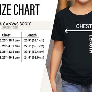 May include: A black youth jersey tee shirt with a size chart. The chart shows chest measurements from 15.25 inches (38.7 cm) to 18.25 inches (46.3 cm) and lengths from 20.9 inches (53.1 cm) to 24.4 inches (62.0 cm).
