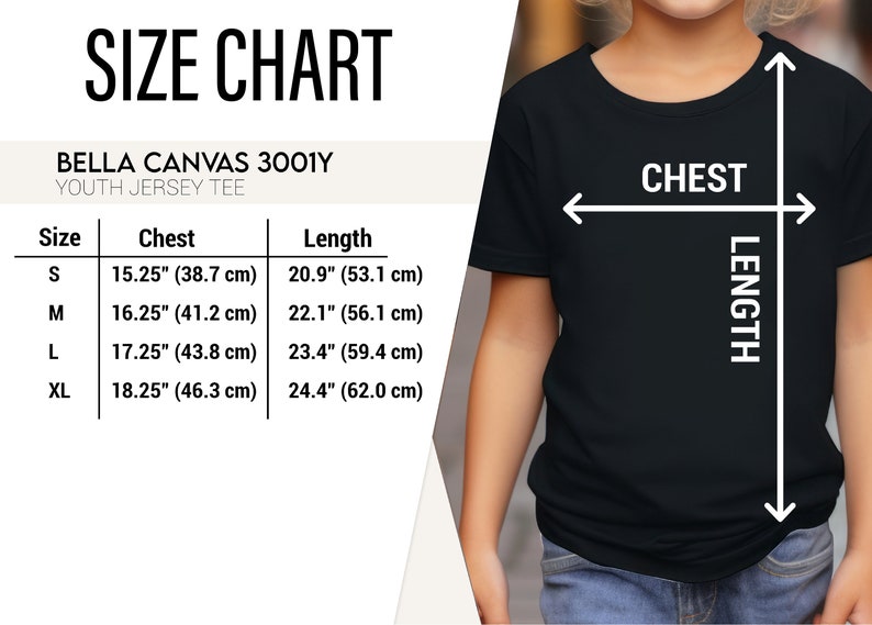 May include: A black youth jersey tee shirt with a size chart. The chart shows chest measurements from 15.25 inches (38.7 cm) to 18.25 inches (46.3 cm) and lengths from 20.9 inches (53.1 cm) to 24.4 inches (62.0 cm).